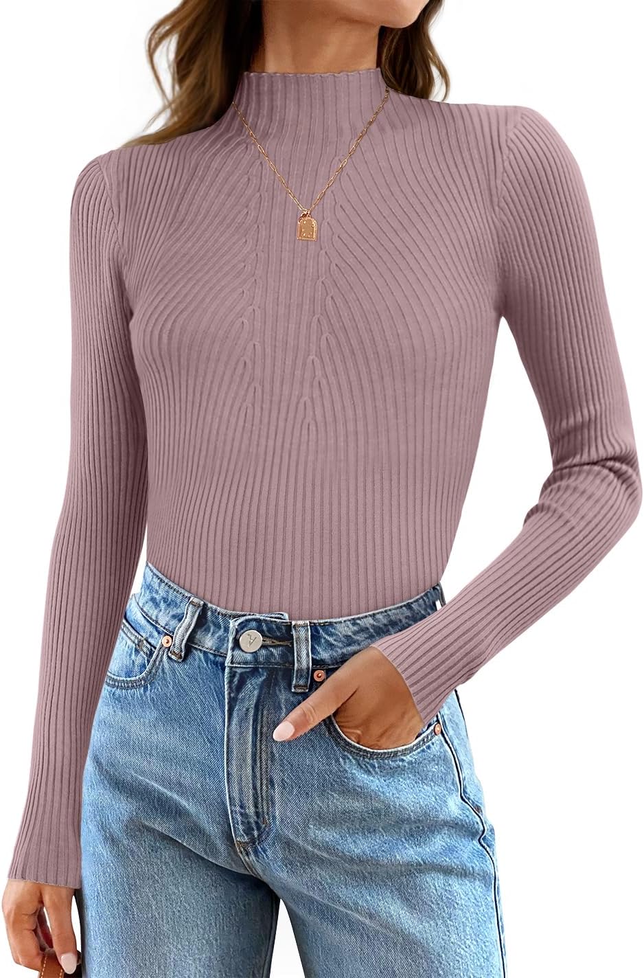 ZESICA Women's 2025 Fall Long Sleeve Turtleneck T Shirt Ribbed Knit Sweater Slim Fit Basic Casual Tee Tops