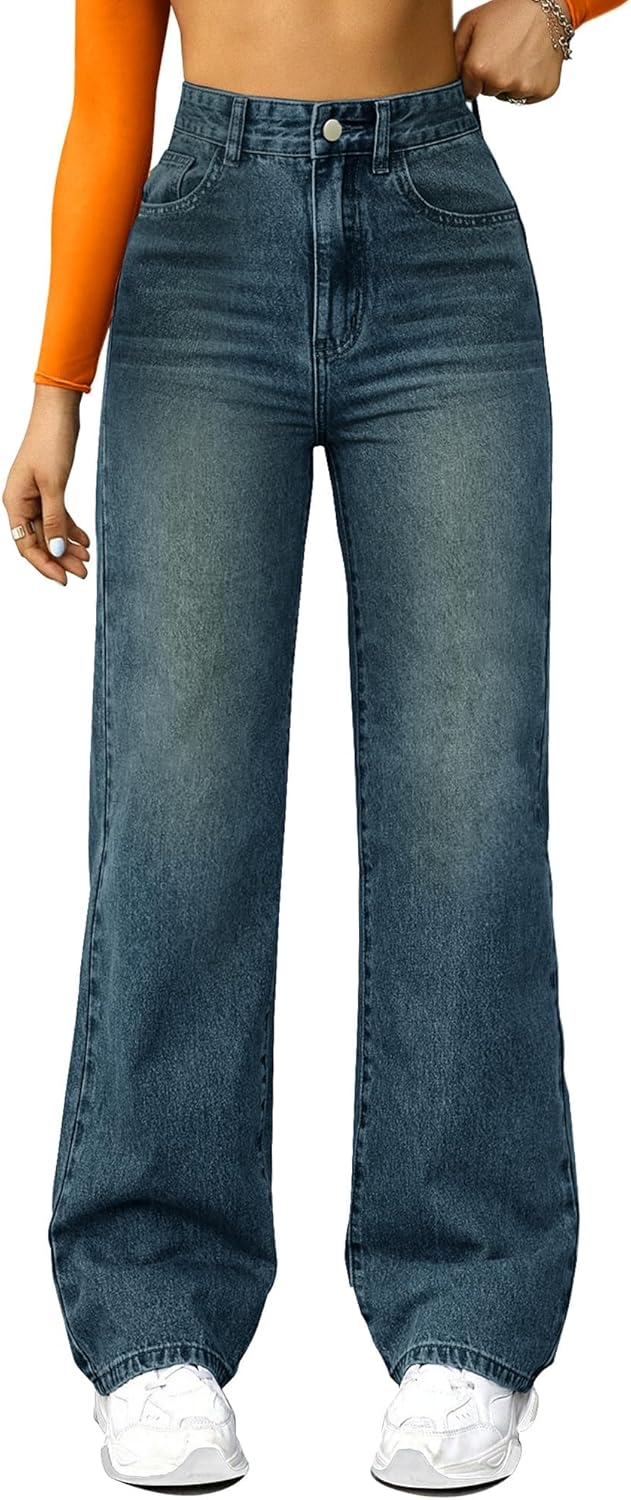 Straight Leg Jeans for Women,High Waisted Wide Leg Loose Microelastic Boyfriend Denim Pants