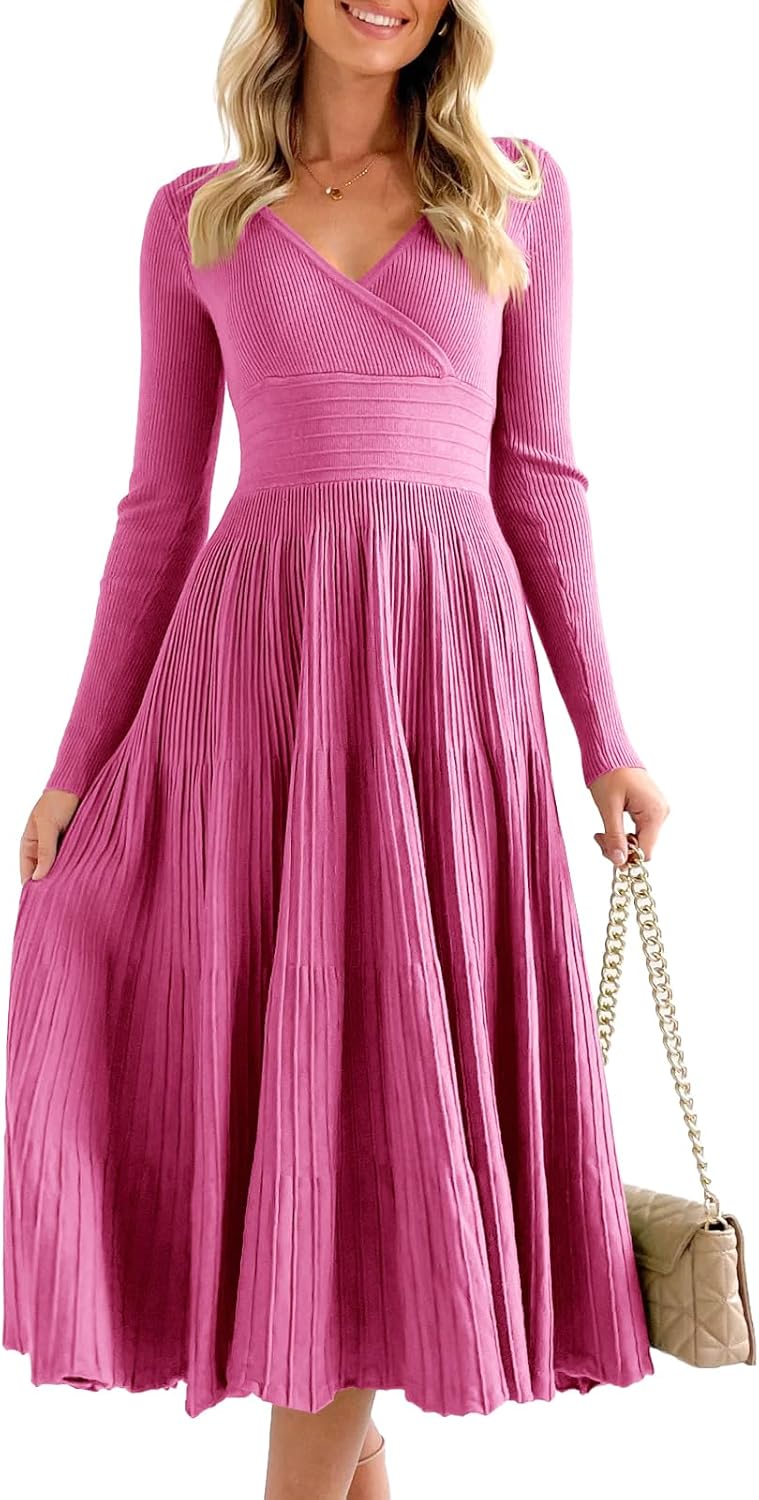 Saodimallsu Womens Long Sleeve Midi Sweater Dress Wrap V Neck Pleated A Line Fit Flare Elegant Knit Maxi Dress