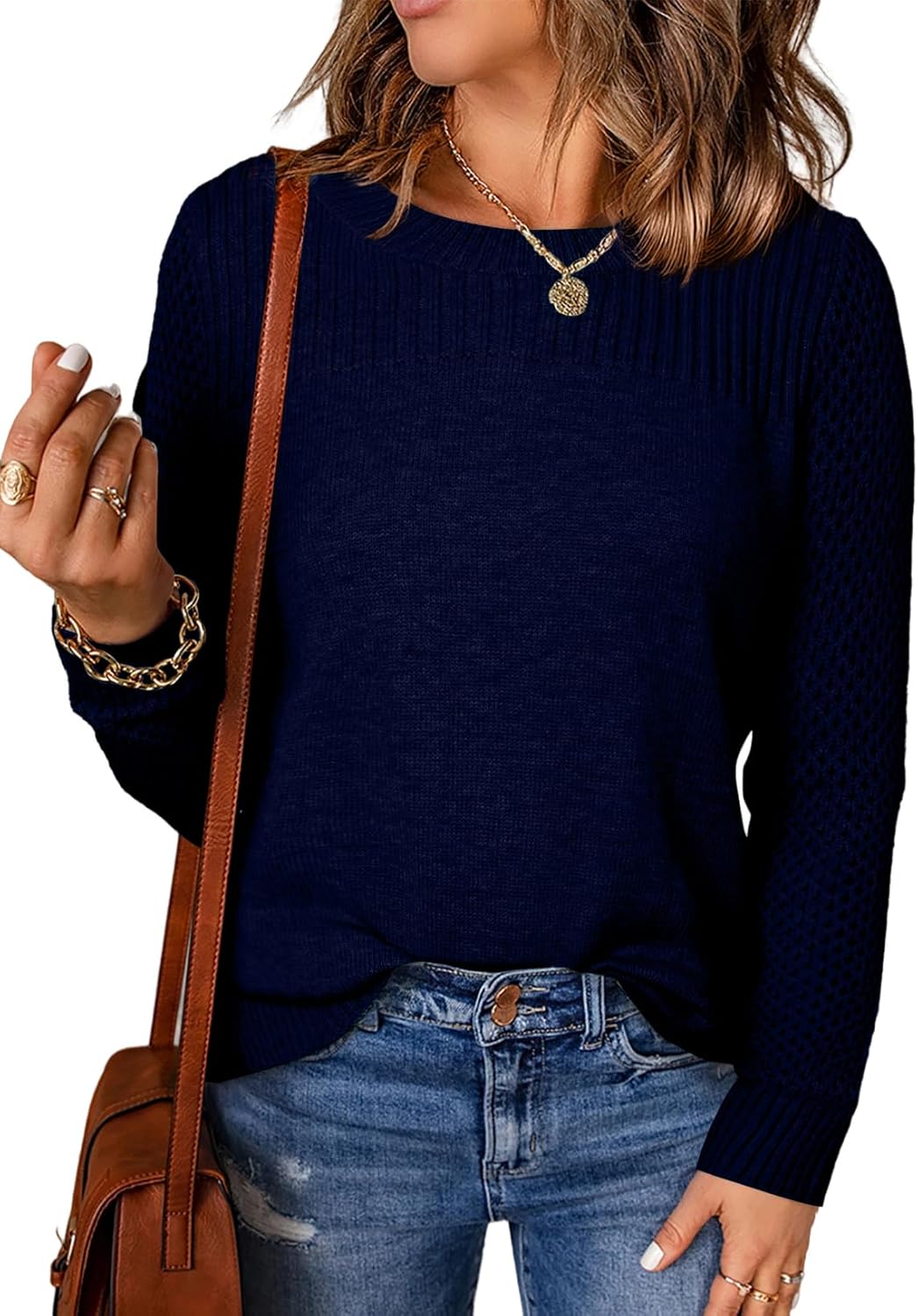 EVALESS Womens Sweaters Casual Long Sleeve Crewneck Cable Knit Lightweight Oversized Crochet Sweater Pullover Tops