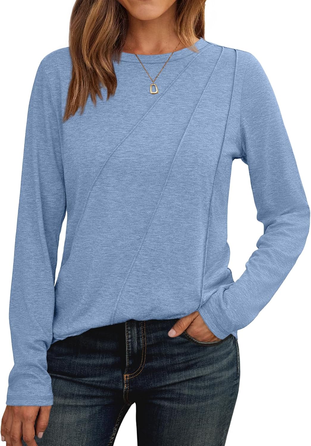 AUTOMET Womens Long Sleeve Shirts Pleated Crew Neck Casual Fall Fashion Tops Loose Fit Lightweight Girls Outfits Clothes