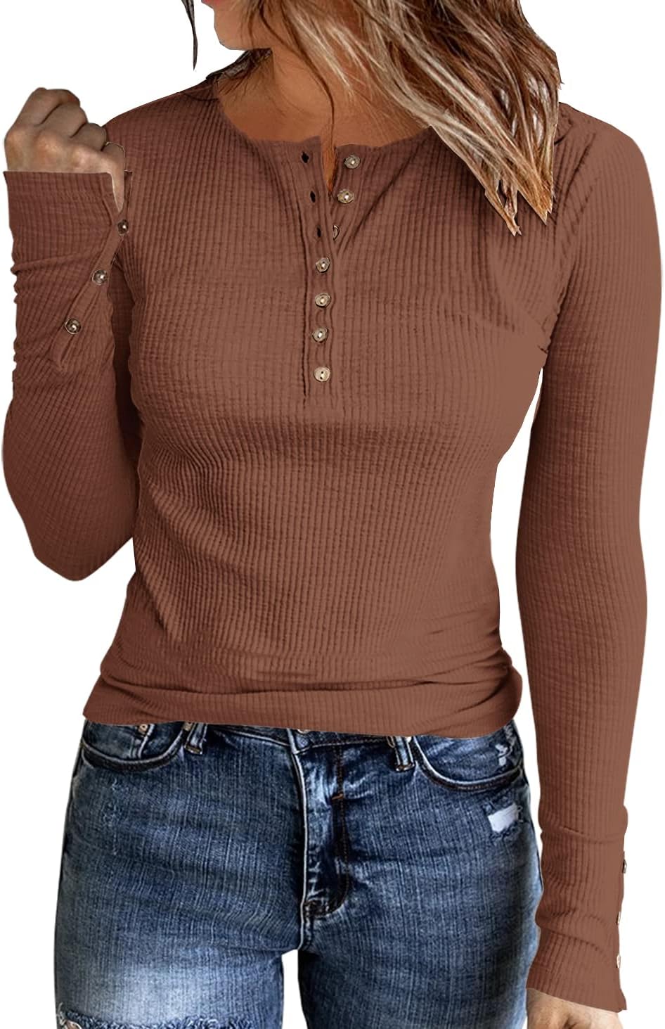 Womens Long Sleeves Ribbed Knit Tunic Shirts Scoop Neck Button Down Tops Casual Henley Tee Shirt Slim Fit Blouses