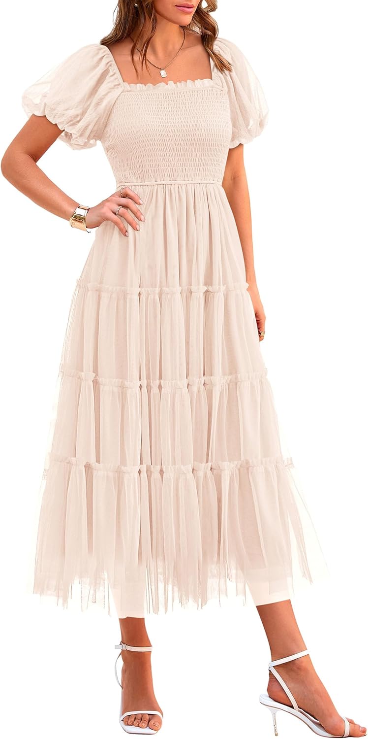 PRETTYGARDEN Women's Smocked Midi Tulle Dress 2025 Summer Puffy Short Sleeve Square Neck Ruffle Wedding Guest Party Dresses