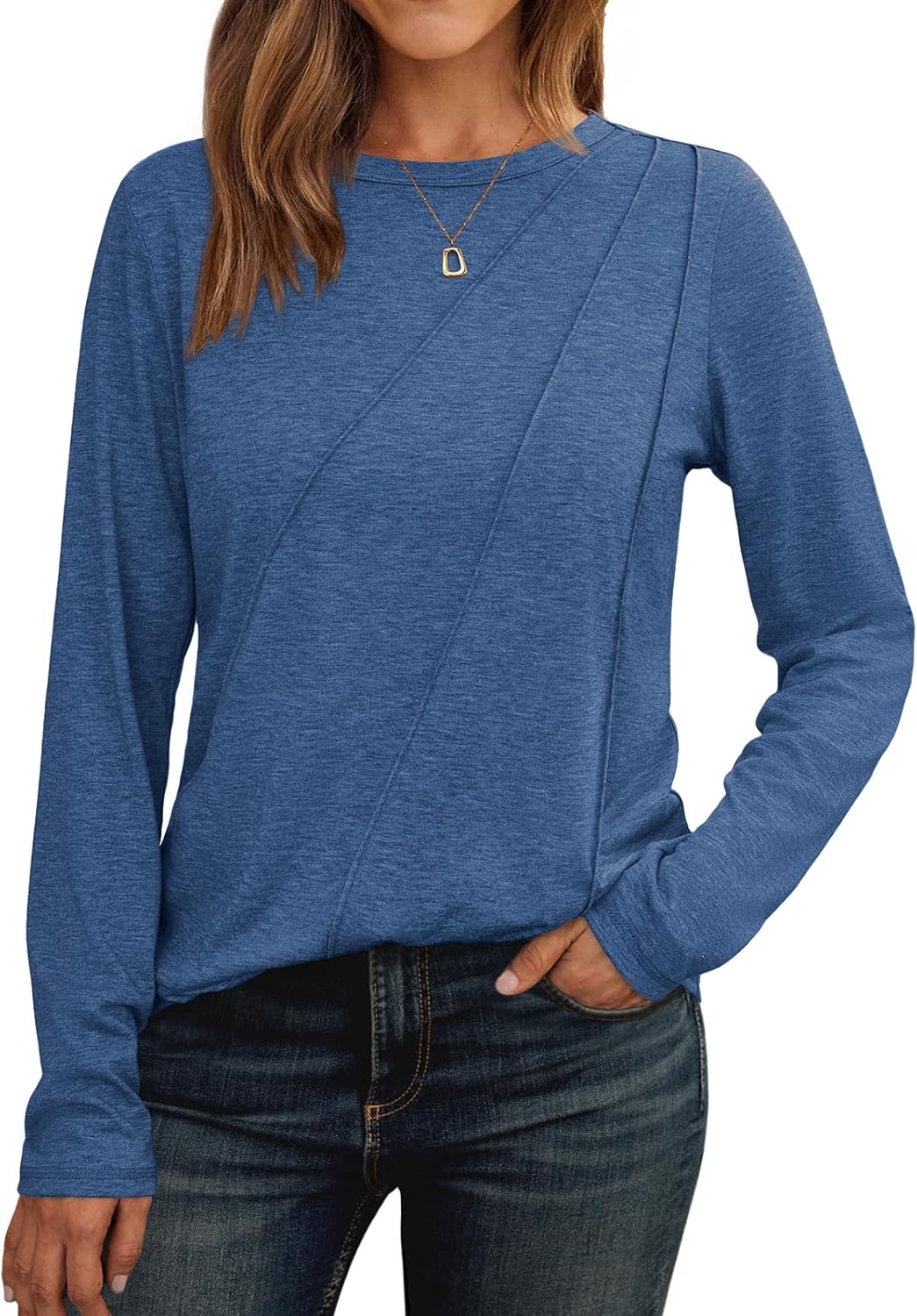 AUTOMET Womens Long Sleeve Shirts Pleated Crew Neck Casual Fall Fashion Tops Loose Fit Lightweight Girls Outfits Clothes