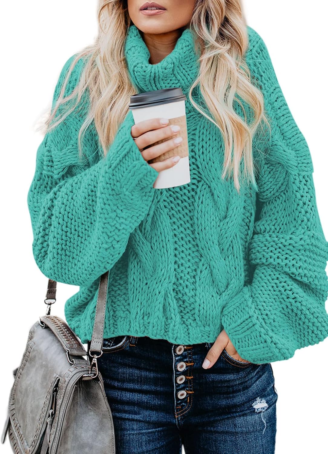 Dokotoo Womens 2025 Winter Fall Solid Turtleneck High Neck Balloon Long Sleeve Sweaters Pullover Outerwear