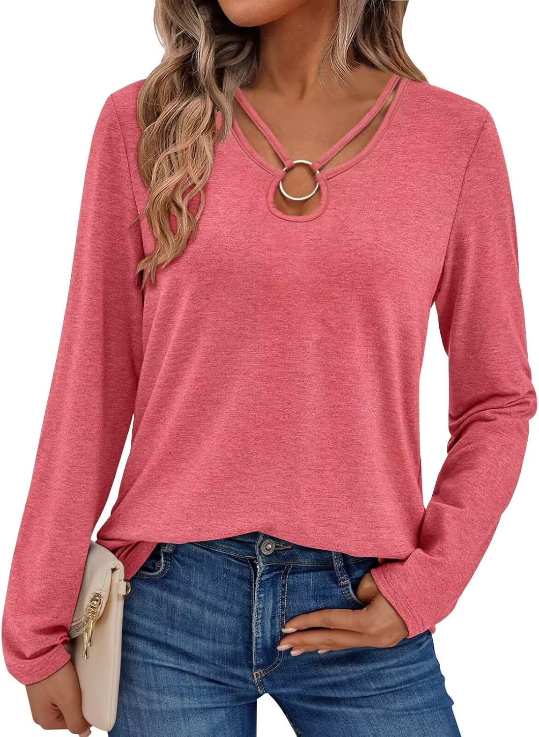 Women's Long Sleeve Tops Keyhole Neck Detail Crew Neck Shirts Ring Cut Out Design Stretchy Tees 2025