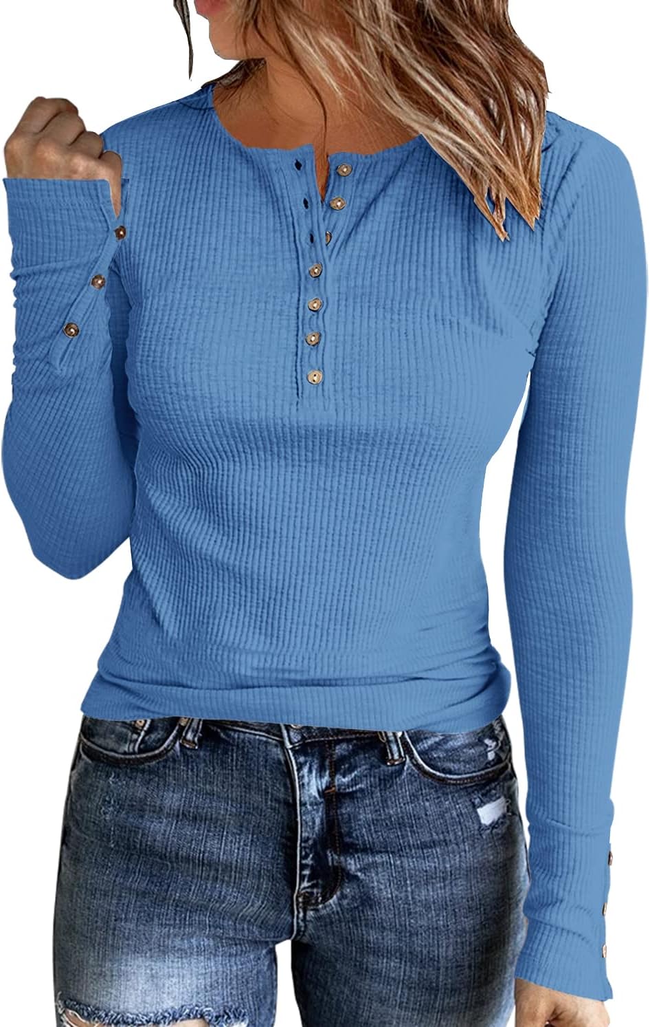 Womens Long Sleeves Ribbed Knit Tunic Shirts Scoop Neck Button Down Tops Casual Henley Tee Shirt Slim Fit Blouses
