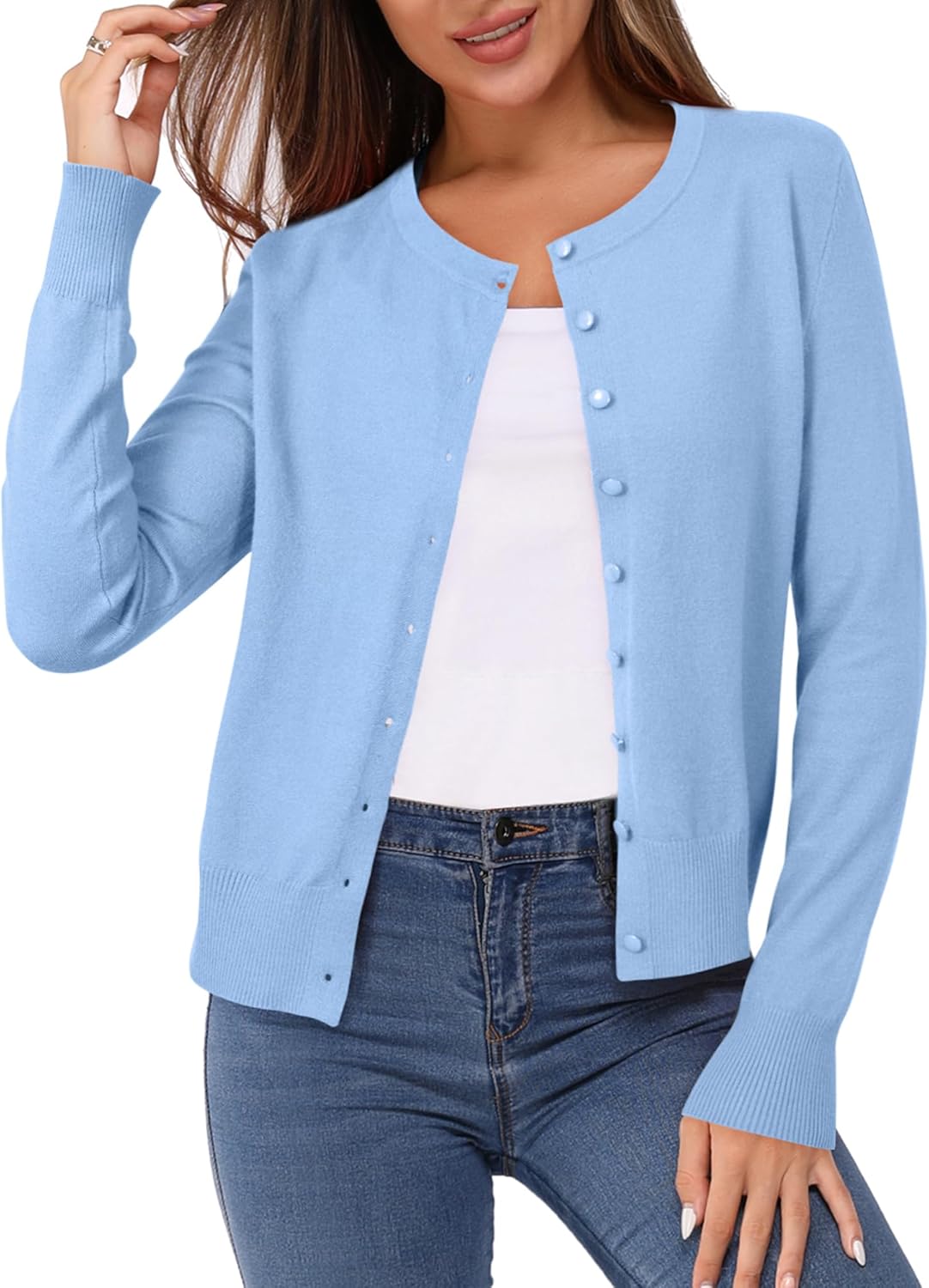 Newshows Women's Lightweight Button Down Cardigan Long Sleeve Casual Crew Neck Soft Knit Cardigans Sweater Tops