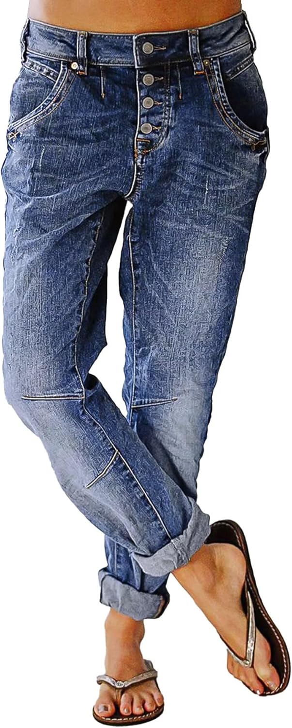 Flamingals Women's Stretchy Straight Leg Casual Low Rise Jeans Wash Button Fly Stitch Detail 90s Trendy Denim Jeans