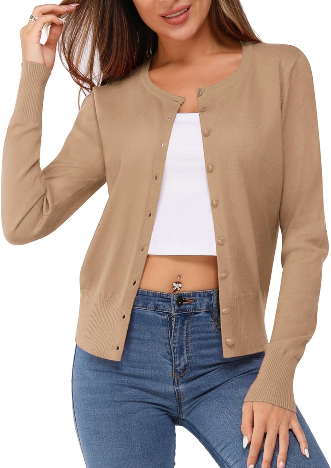 Newshows Women's Lightweight Button Down Cardigan Long Sleeve Casual Crew Neck Soft Knit Cardigans Sweater Tops