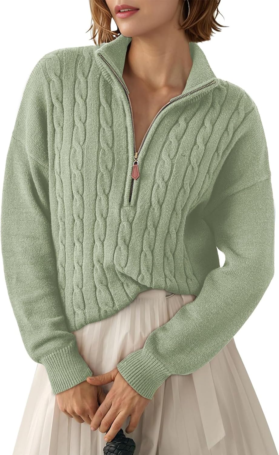 Dokotoo Women's Sweaters 2025 Fall Winter Quarter Zip Casual Ribbed Cable Knit Pullover