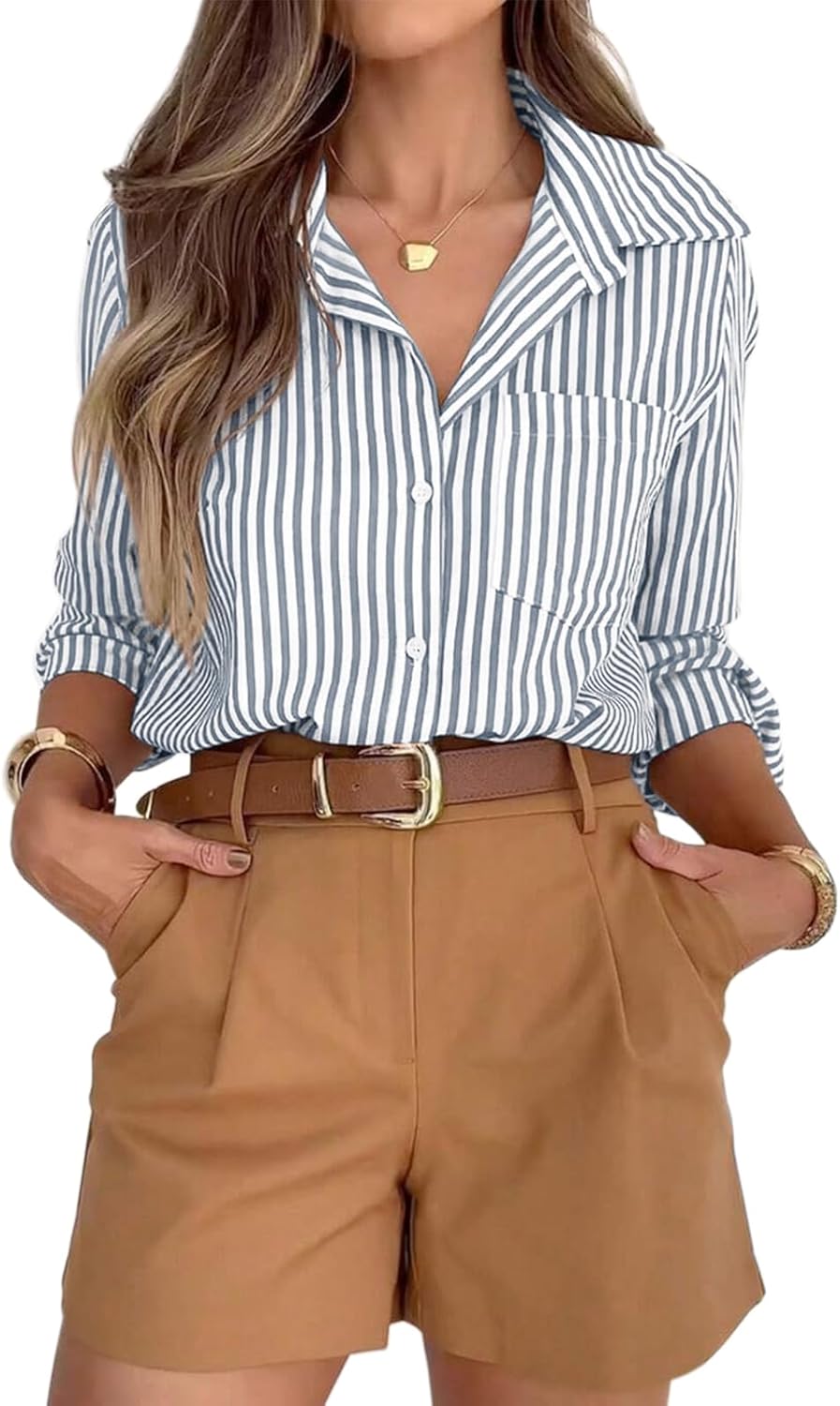 siliteelon Striped Button Down Shirts for Women Dress Shirts Long Sleeve Casual Collared Office Work Shirt with Pocket