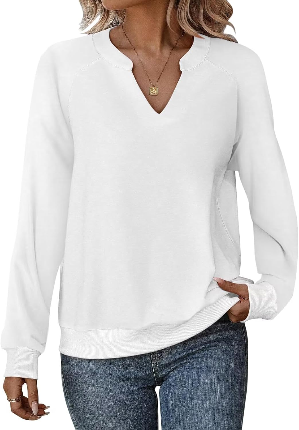 EADINVE Women Casual Long Sleeve V Neck Sweatshirts Cute Loose Fit Lightweight Pullover Tops