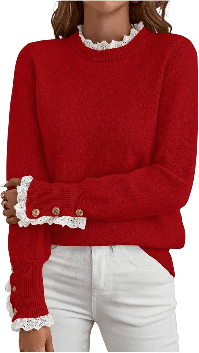MakeMeChic Women's Fall Sweaters Lace Peplum Mock Neck Cozy Sweater Pullover