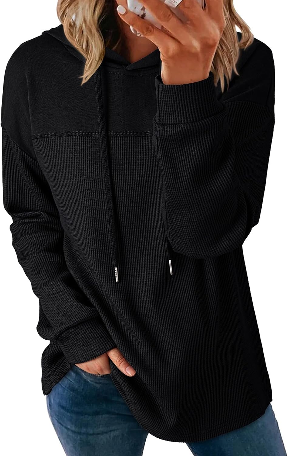 Dokotoo Womens Hoodies Casual Waffle Knit Long Sleeve Drawstring Pullover Sweatshirts Lightweight Hooded Tops