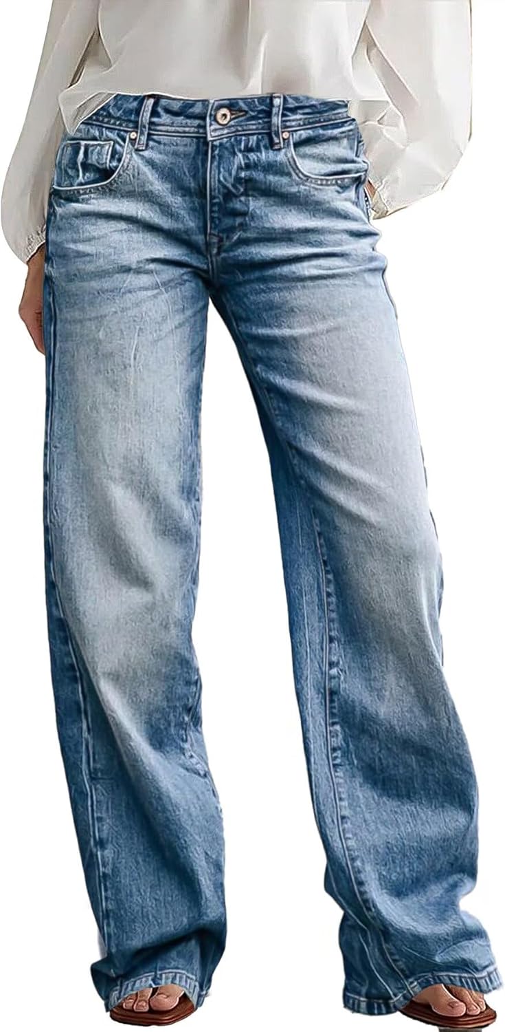 Flamingals Wide Leg Jeans for Women Mid Waist Baggy Stitch Decor Denim Washed Pants Without Belt