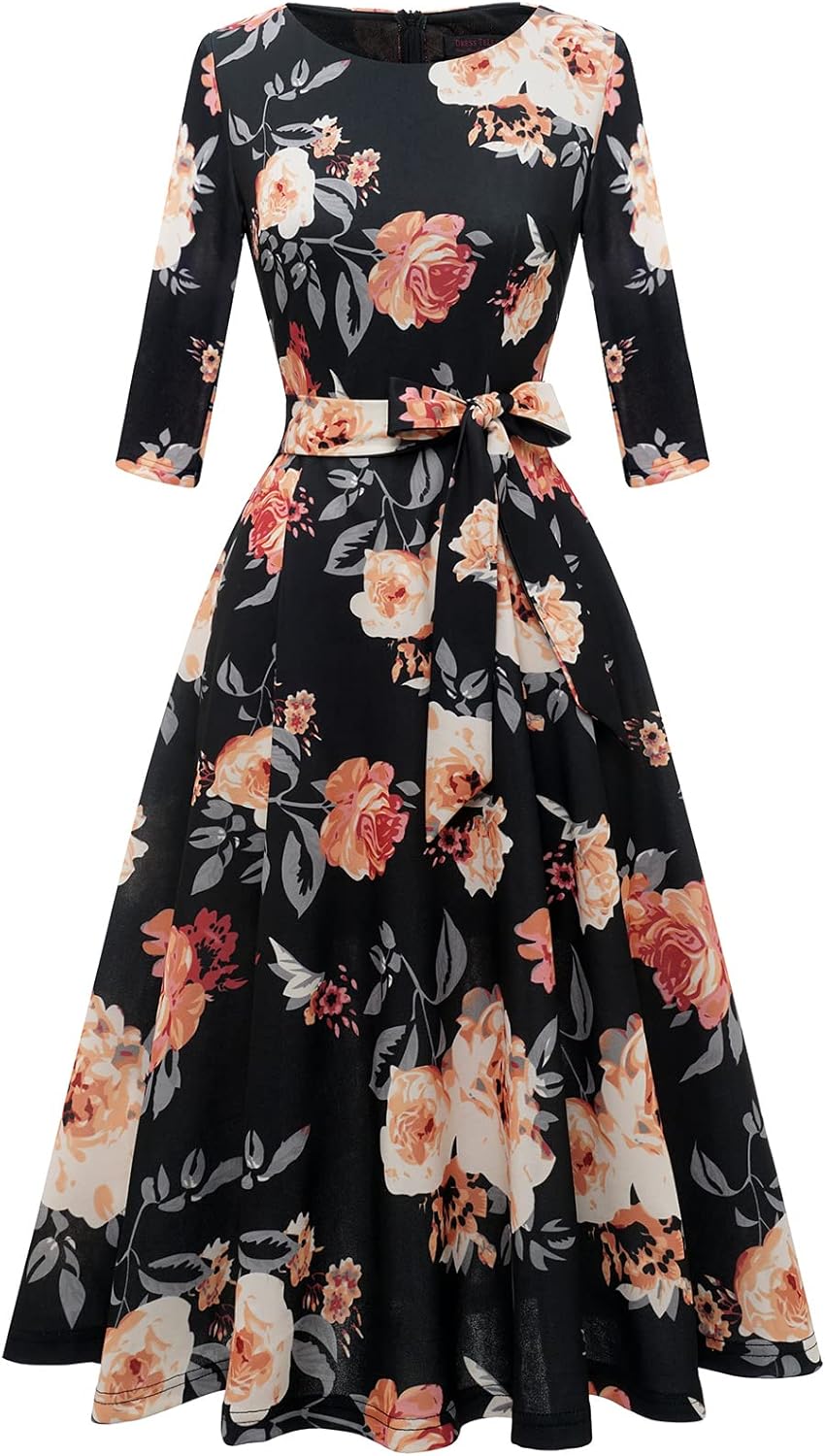 DRESSTELLS Cocktail Dresses for Women, Vintage Wedding Guest 3/4 Sleeves Formal Church Holiday Dress