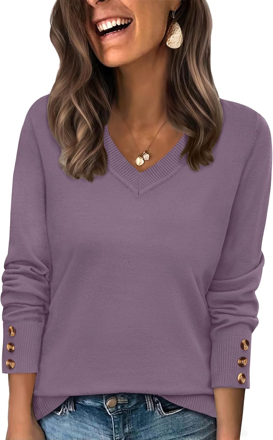 WIHOLL Lightweight Sweaters for Women Long Sleeve V Neck Knit Outfits with Decorative Buttons
