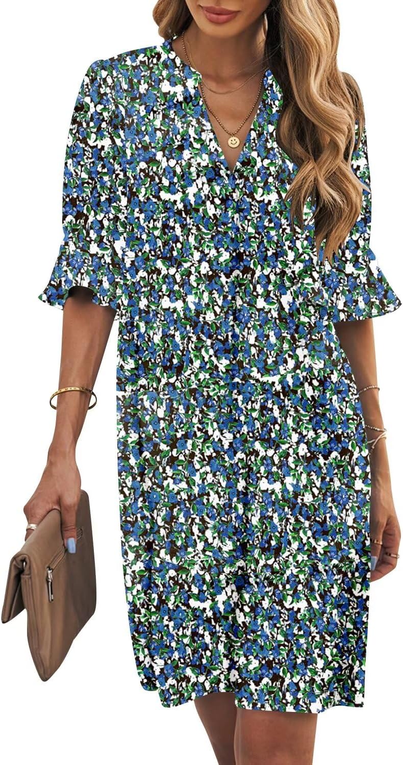 Wkior Shift Dress for Women V Neck Short Sleeves Solid Color Casual Flowy Summer Dresses(S-2XL)