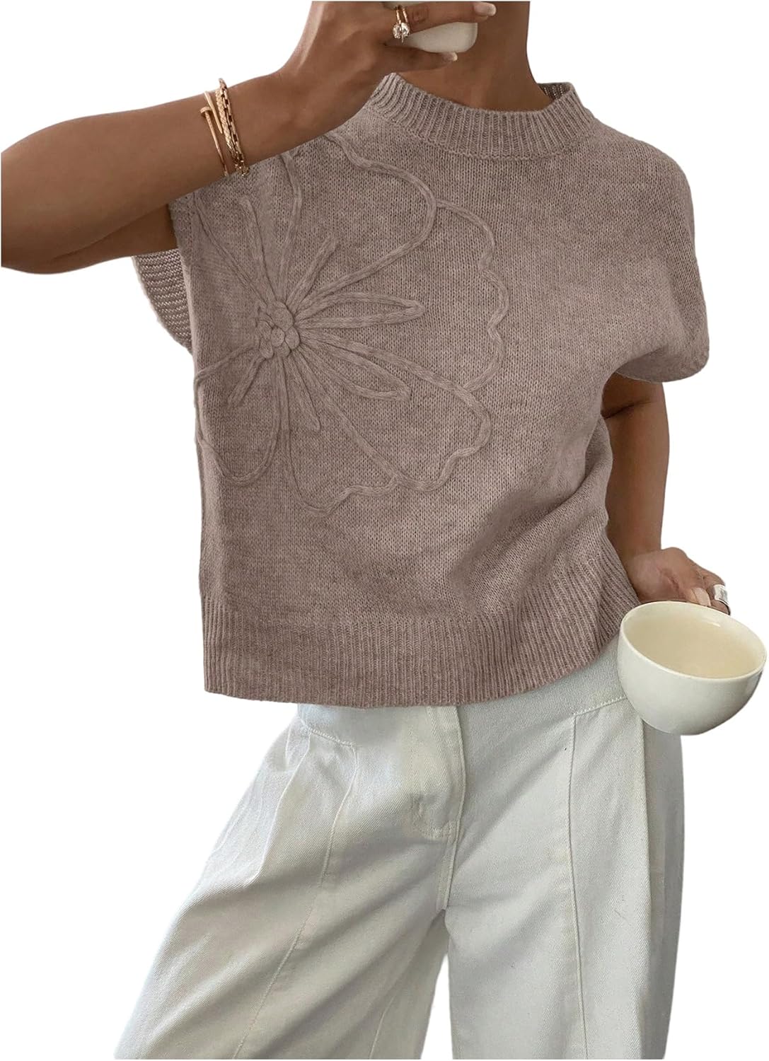 SOLY HUX Women's Ribbed Sweater Crew Neck Short Sleeve Loose Fit Floral Knit Pullover Tops