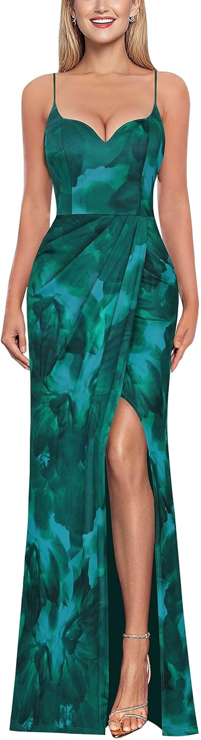 VFSHOW Womens Sexy Formal Ruched Fitted High Slit Bodycon Maxi Dress Spaghetti Strap Sweetheart Cocktail Prom Evening Gown