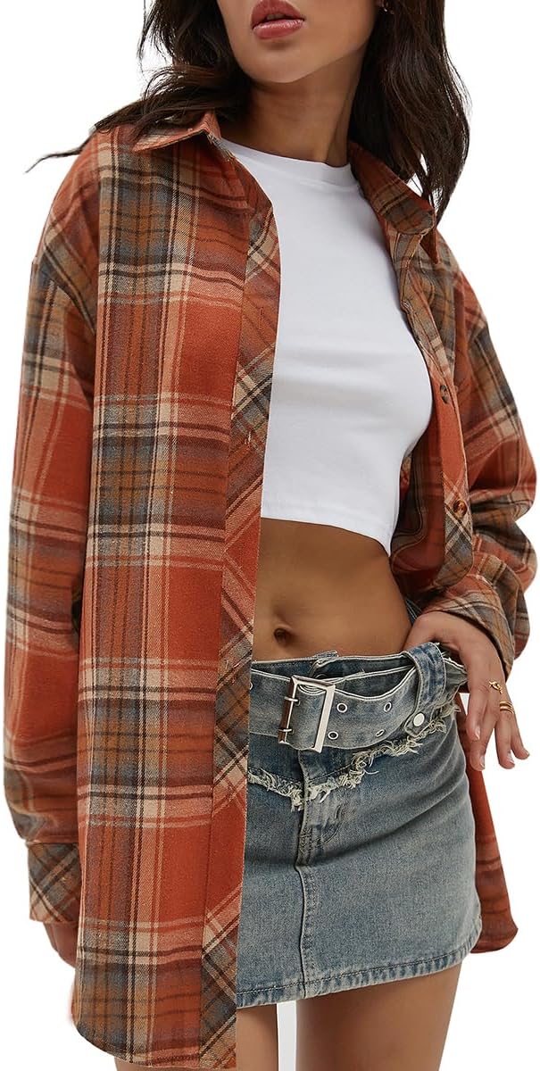 CHYRII Womens Button Down Flannel Shirts Long Sleeve Plaid Shackets Business Casual Blouse Top