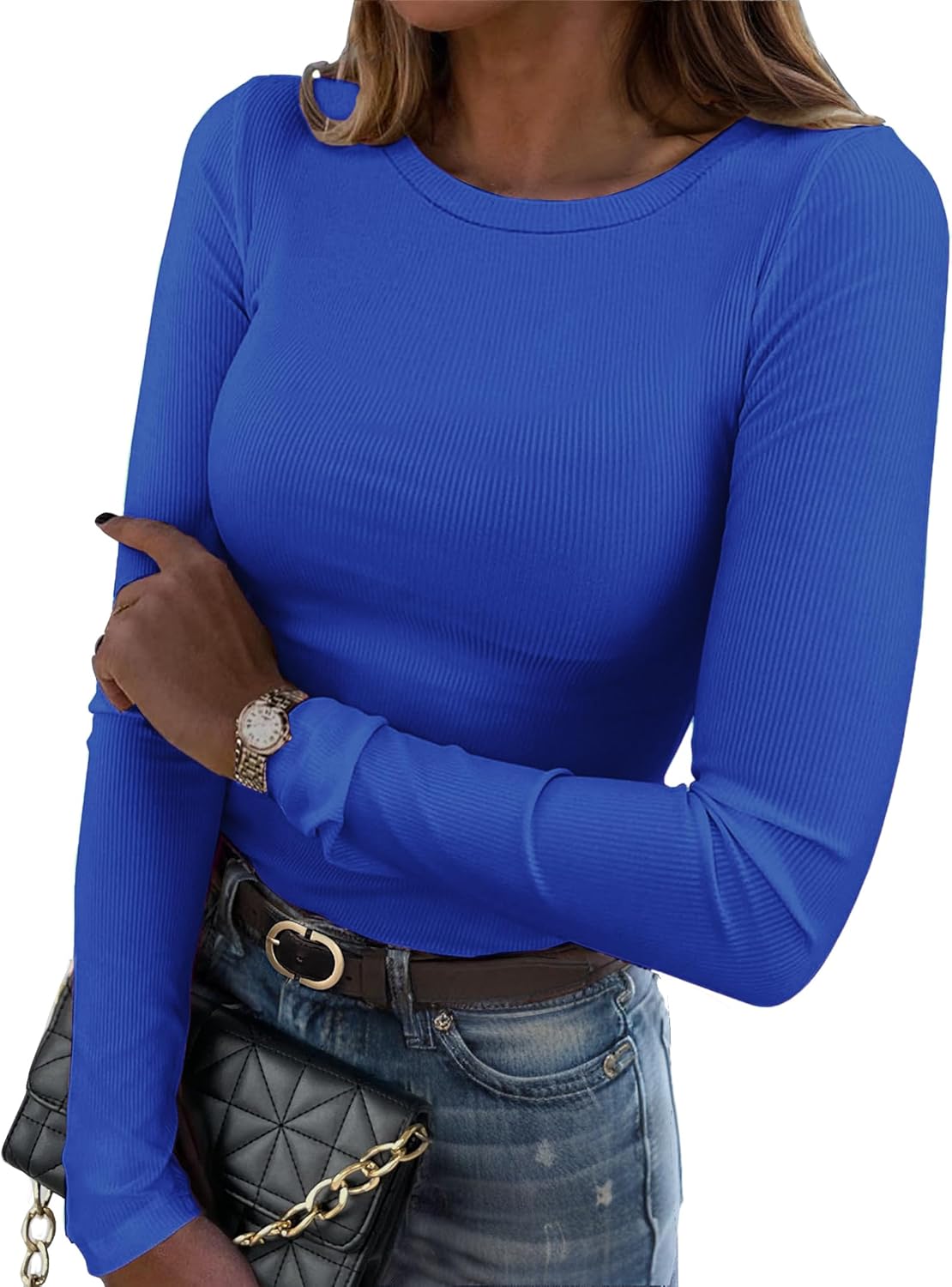 Zeagoo Womens Long Sleeve Stretch Crewneck Ribbed T-Shirt Slim Fit Casual Basic Tops S-XXL