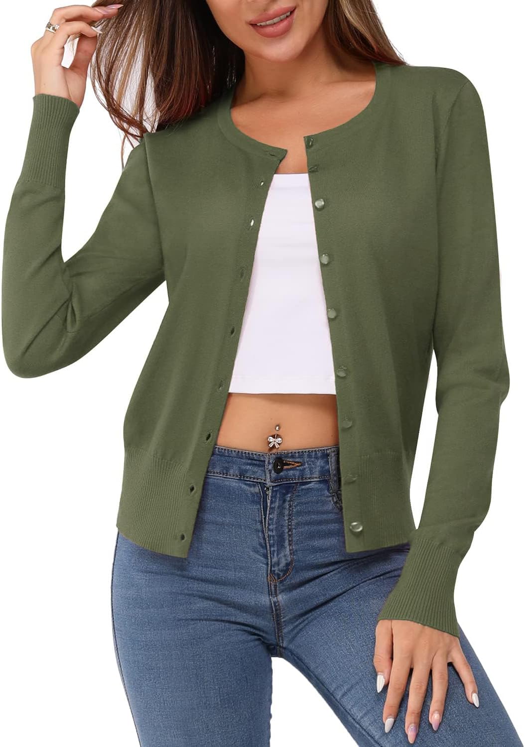 Newshows Women's Lightweight Button Down Cardigan Long Sleeve Casual Crew Neck Soft Knit Cardigans Sweater Tops