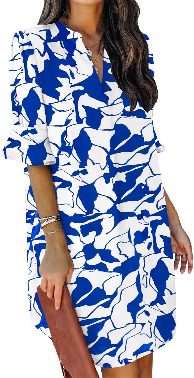 QACOHU Summer Dresses for Women V Neck Ruffle Short Sleeve Casual Shift Dress