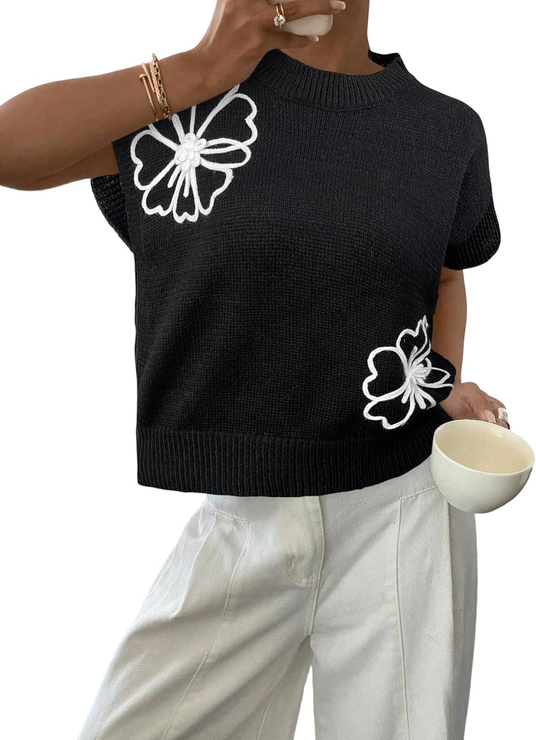 SOLY HUX Women's Ribbed Sweater Crew Neck Short Sleeve Loose Fit Floral Knit Pullover Tops