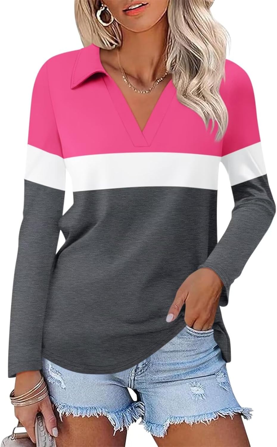 ORANDESIGNE Women's Long Sleeve Polo Shirts Casual Color Block V Neck Tops Fall Collar Ladies Tunics Tees