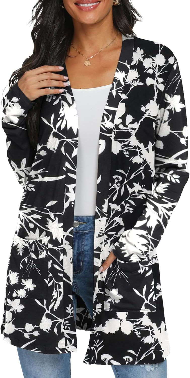 Womens Casual Lightweight with Pocketes Long Sleeve Open Front Cardigan