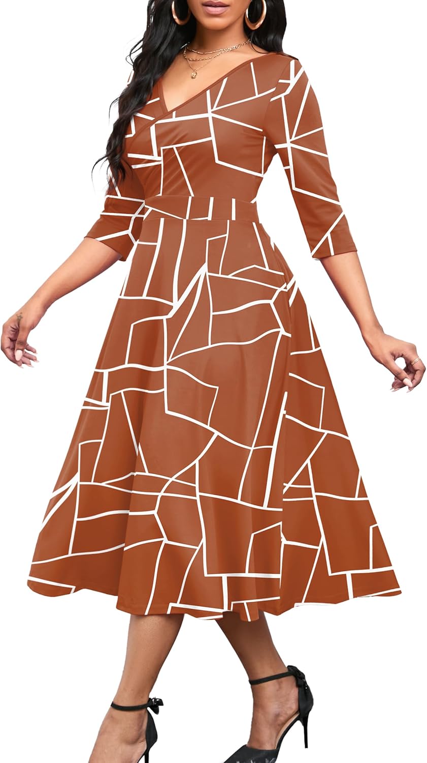 Nmoder Women's Casual Wrap Flared Midi Dress Wedding Guest Cocktail Tea Dresses A-Line Swing V-Neck 3/4 Sleeve