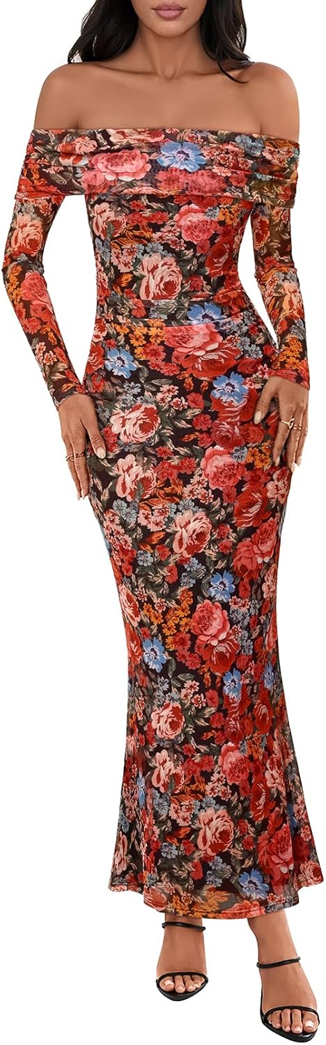 MEROKEETY Women's Fall Off Shoulder Floral Maxi Dresses Formal Long Sleeve Bodycon Cocktail Wedding Guest Dress