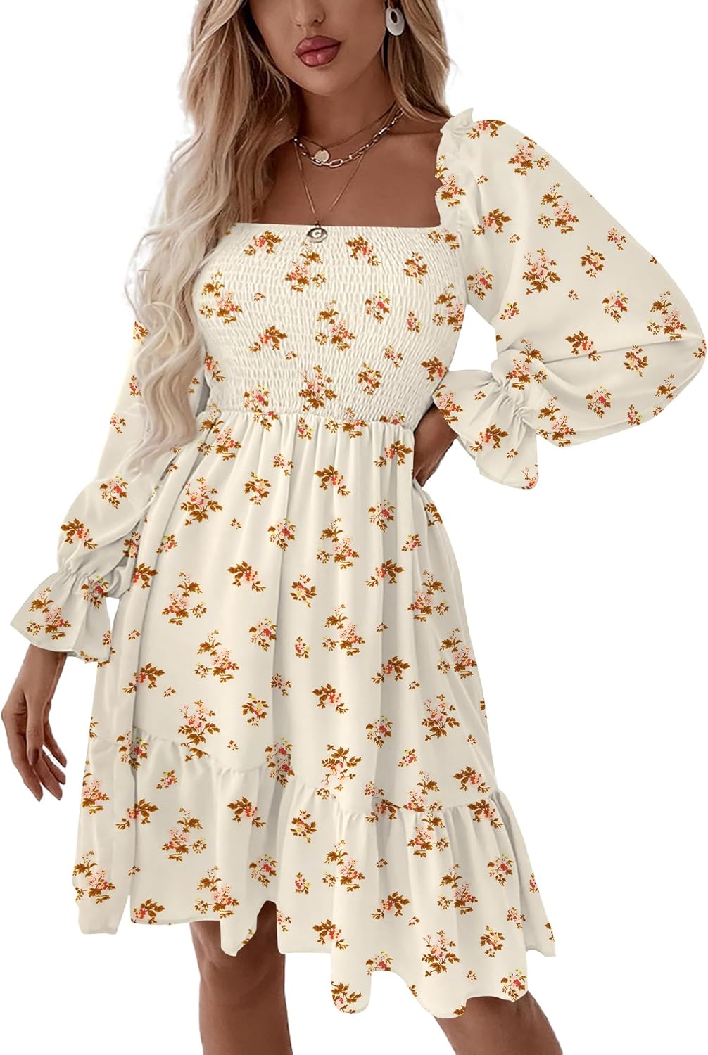 LYANER Women's Square Neck Lantern Long Sleeve Ruffle Shirred Flowy Party Mini Dress