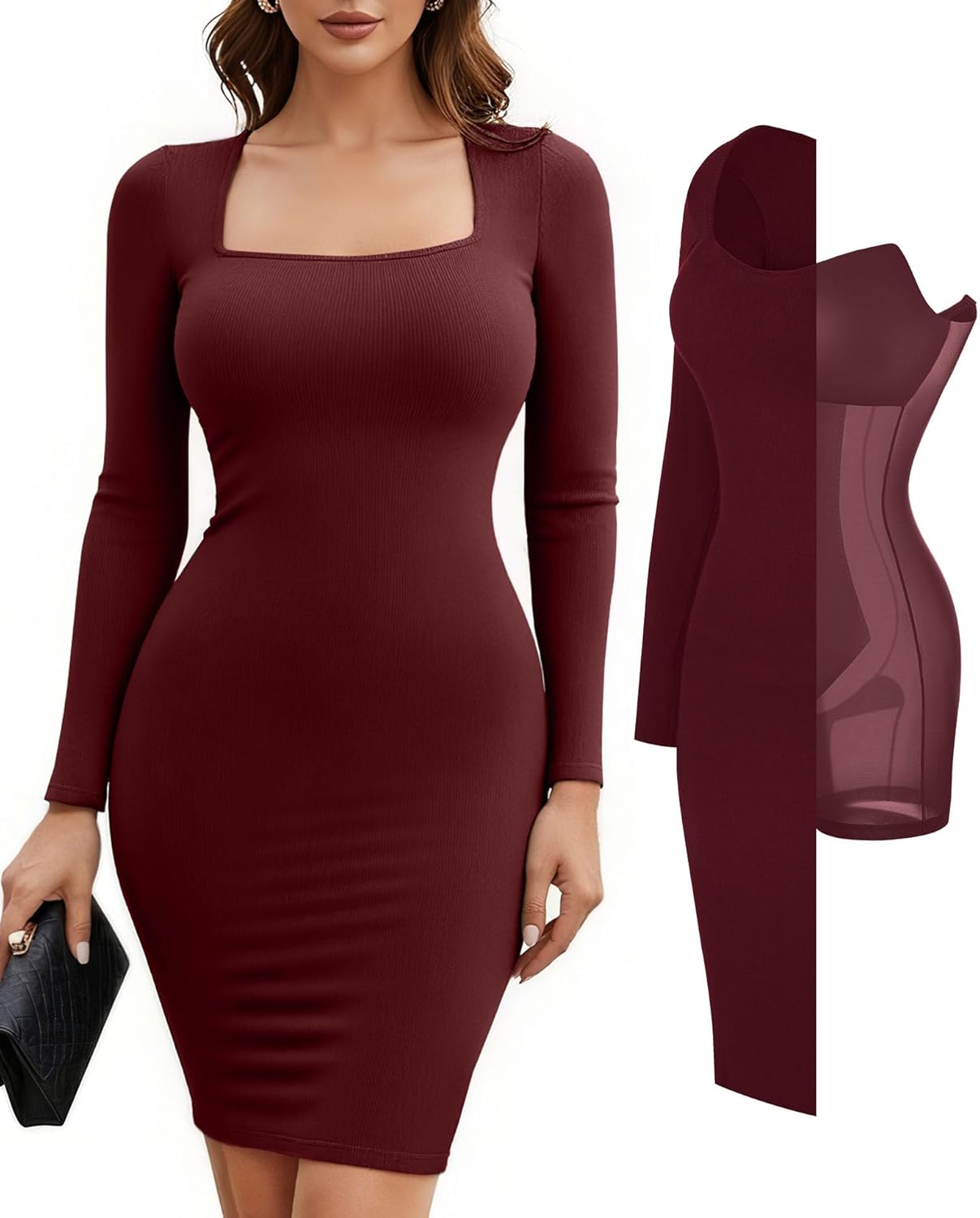 Popilush Dress Long Sleeve Midi Bodycon Dresses for Women Square Neck Shapewear Tummy Control Built-in Bra Party
