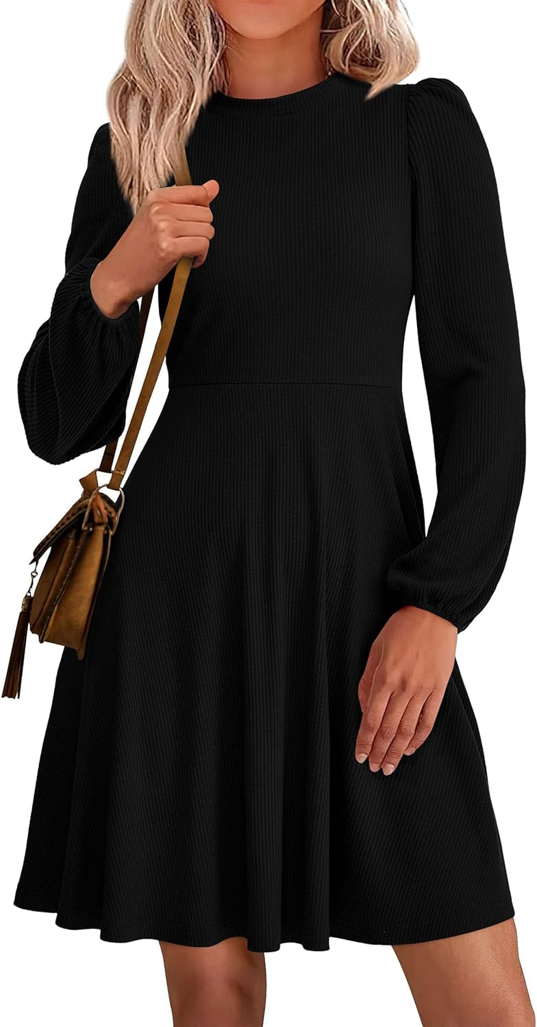 PRETTYGARDEN Womens Long Sleeve Mini Dress 2025 Fall Trendy Crewneck Ribbed Knit Soft A Line Flowy Summer Formal Dresses