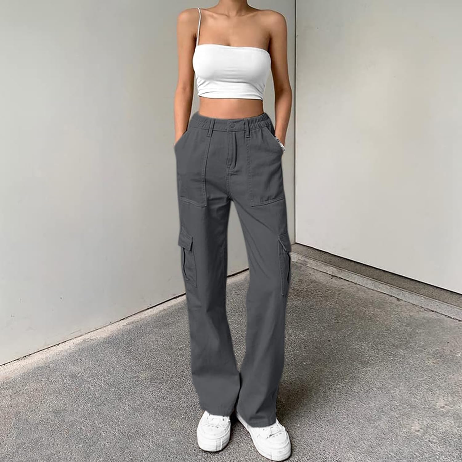 Lepunuo Cargo Pants for Women High Waisted Casual Pants Baggy Stretchy Wide Leg Y2K Streetwear with 6 Pockets