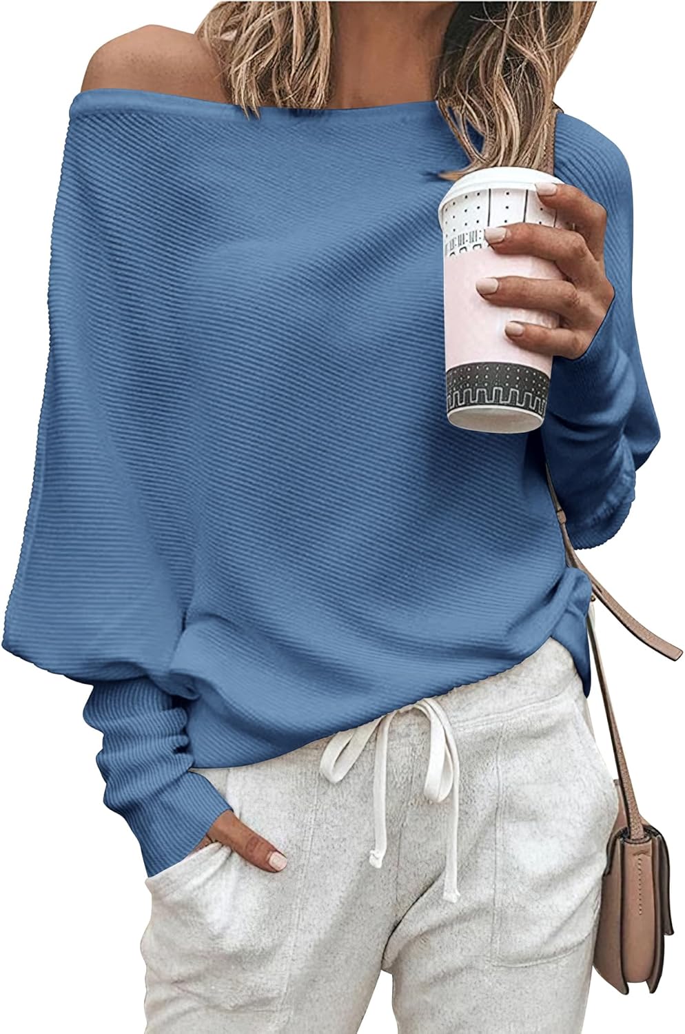 Zenlonr Women's Fall Sweaters 2025 Casual Long Batwing Sleeve Loose Off Shoulder Knit Pullovers Jumper Tops