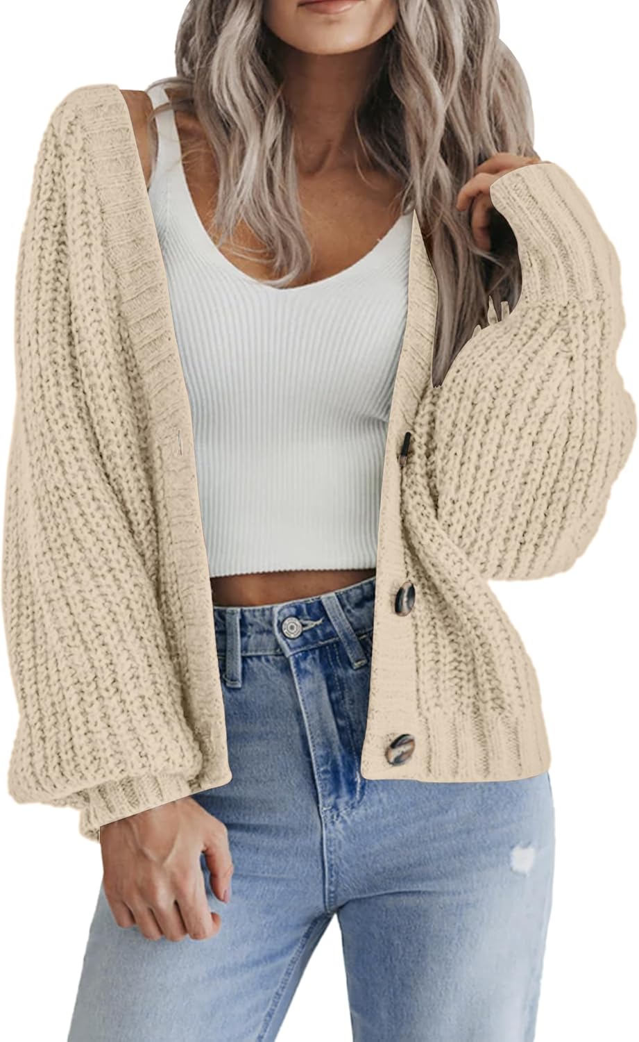 Zeagoo Women's 2025 Fall Chunky Knit Cardigans Open Front Long Sleeve V Neck Button Loose Cardigan Sweaters