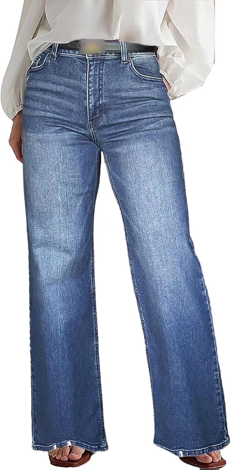 Flamingals Wide Leg Jeans for Women Mid Waist Baggy Stitch Decor Denim Washed Pants Without Belt