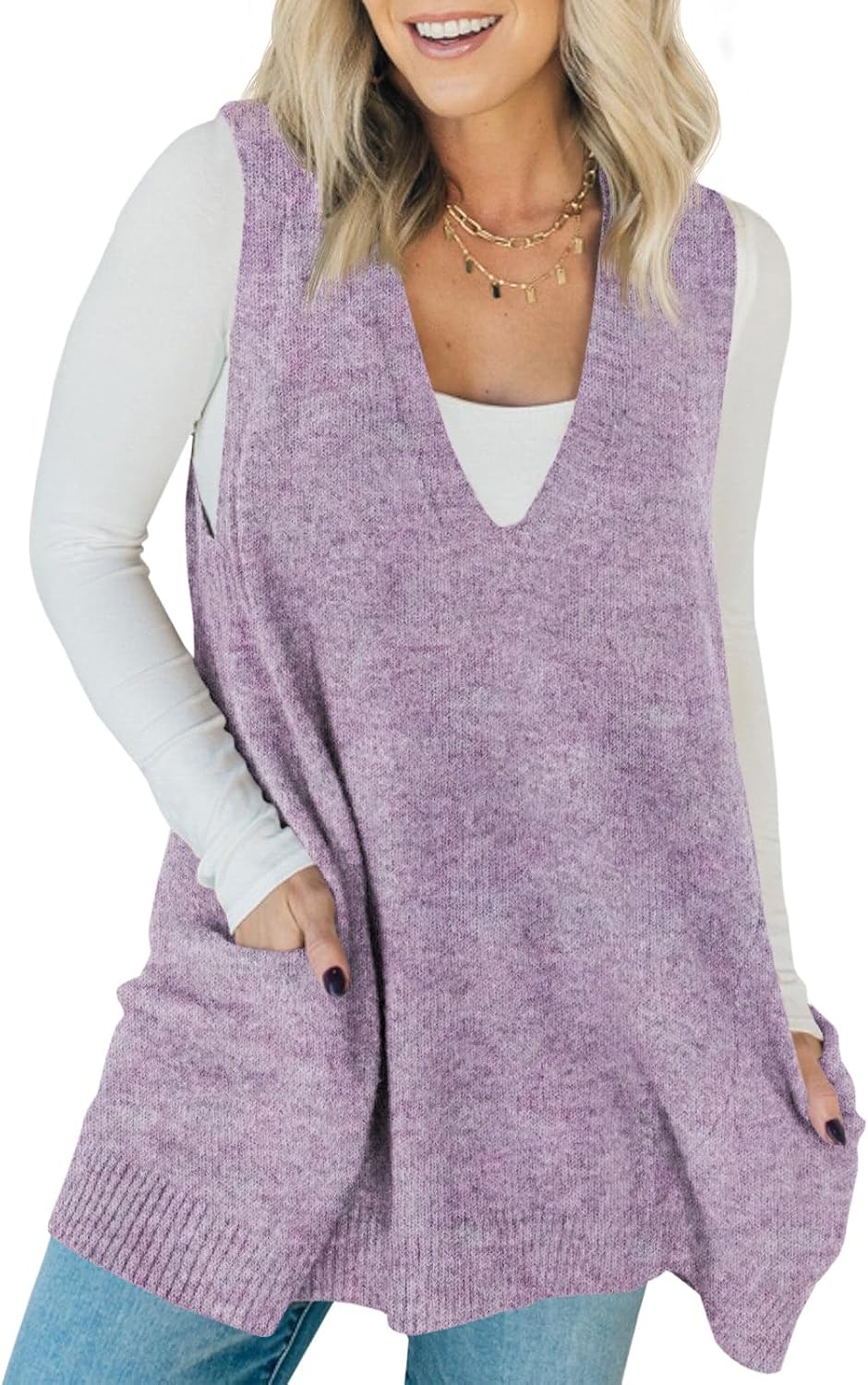 Saodimallsu Womens Sleeveless Sweater Vest V Neck Casual Loose Knit A Line Flattering Tunic Top with Pockets