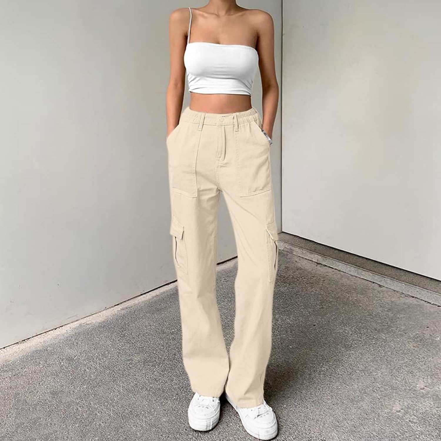 Lepunuo Cargo Pants for Women High Waisted Casual Pants Baggy Stretchy Wide Leg Y2K Streetwear with 6 Pockets