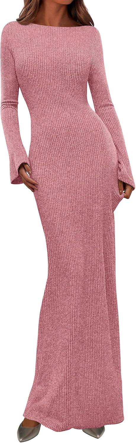 PRETTYGARDEN Women's Fall Fashion 2025 Long Sleeve Maxi Dress Ribbed Knit Boat Neck Bodycon Casual Dresses Going Out Outfits