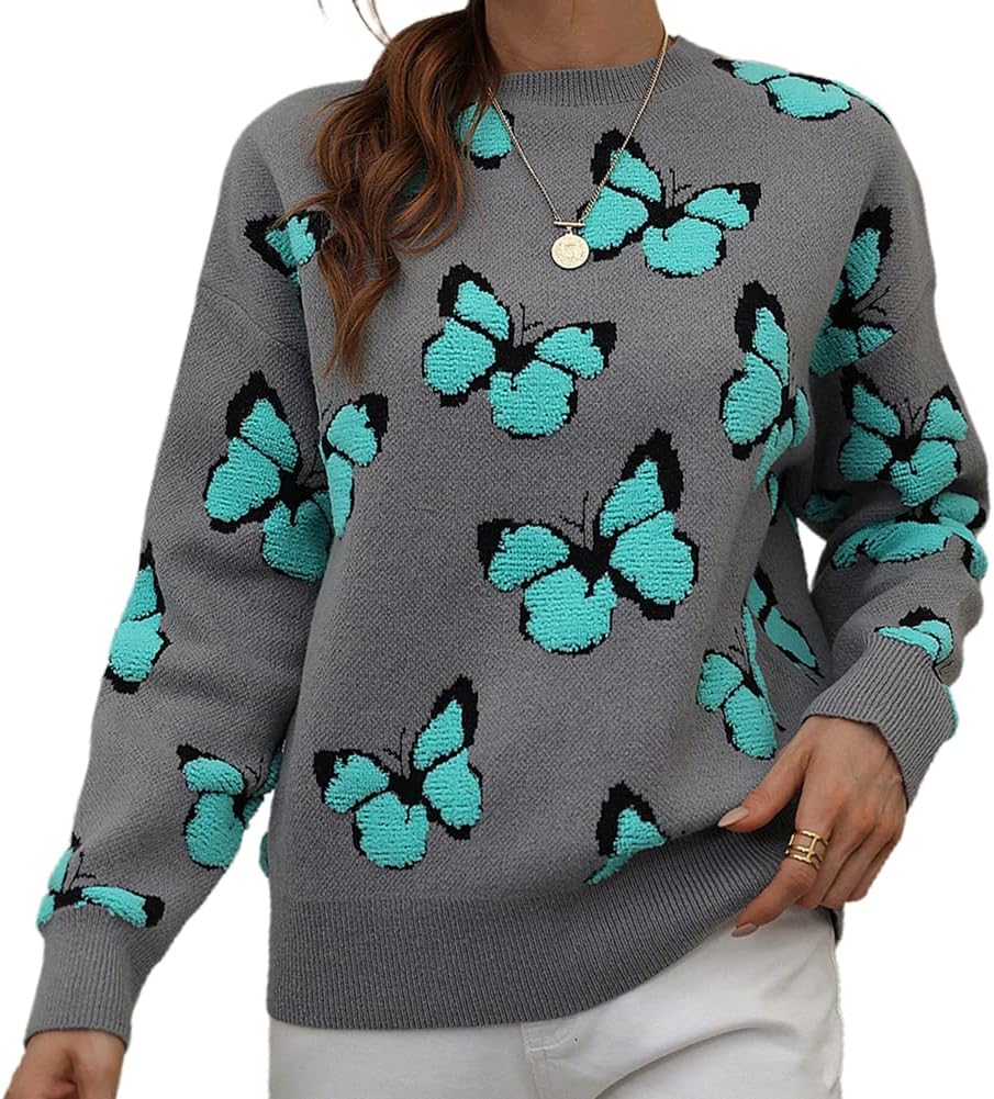 JUNBOON Women’s Casual Leopard Print Knitted Pullover Sweaters Long Sleeve Crew Neck Jumper Tops