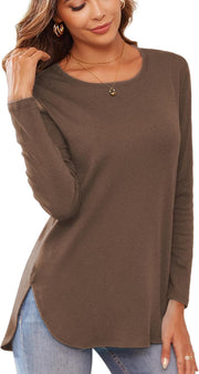 Herou Women's Casual Long Sleeve T Shirt Crewneck with Side Split Fall Pullover Loose Tunic Sweater Tops