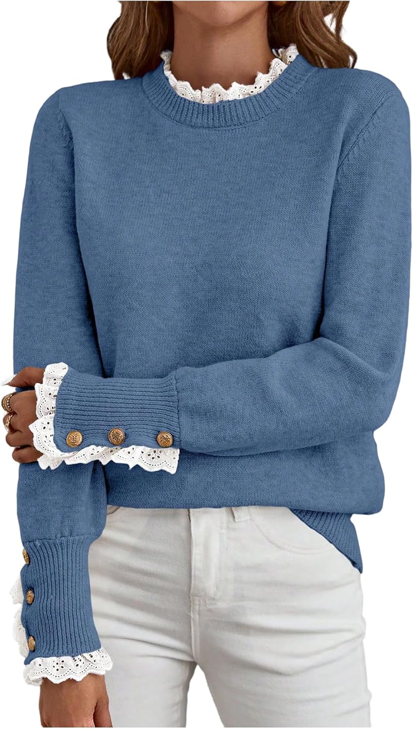 MakeMeChic Women's Fall Sweaters Lace Peplum Mock Neck Cozy Sweater Pullover