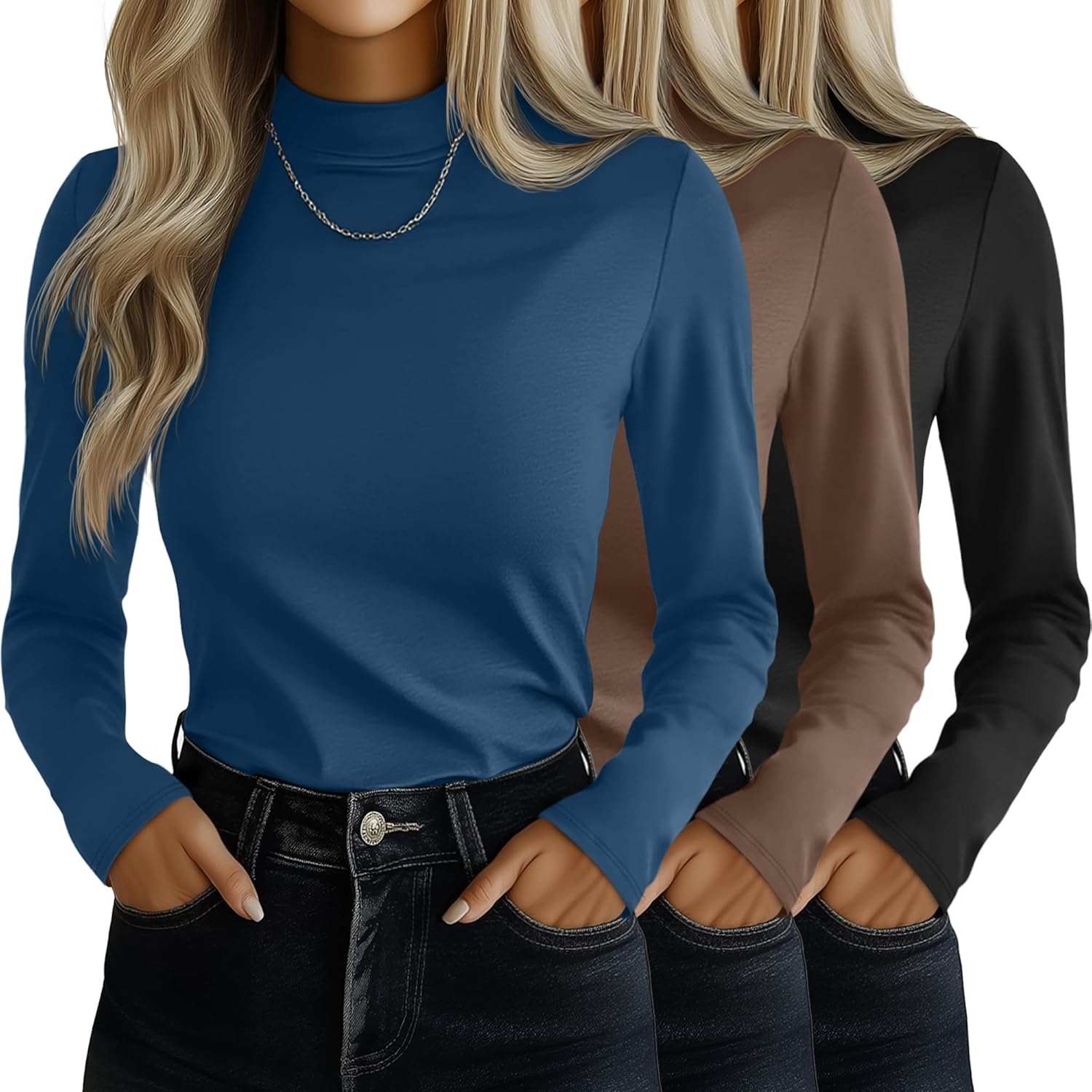 Ficerd 3 Pack Women's Mock Turtleneck Shirts, Long Sleeve Mock Neck Pullover Tops Slim Fitted Stretch Undershirt Tee Blouse