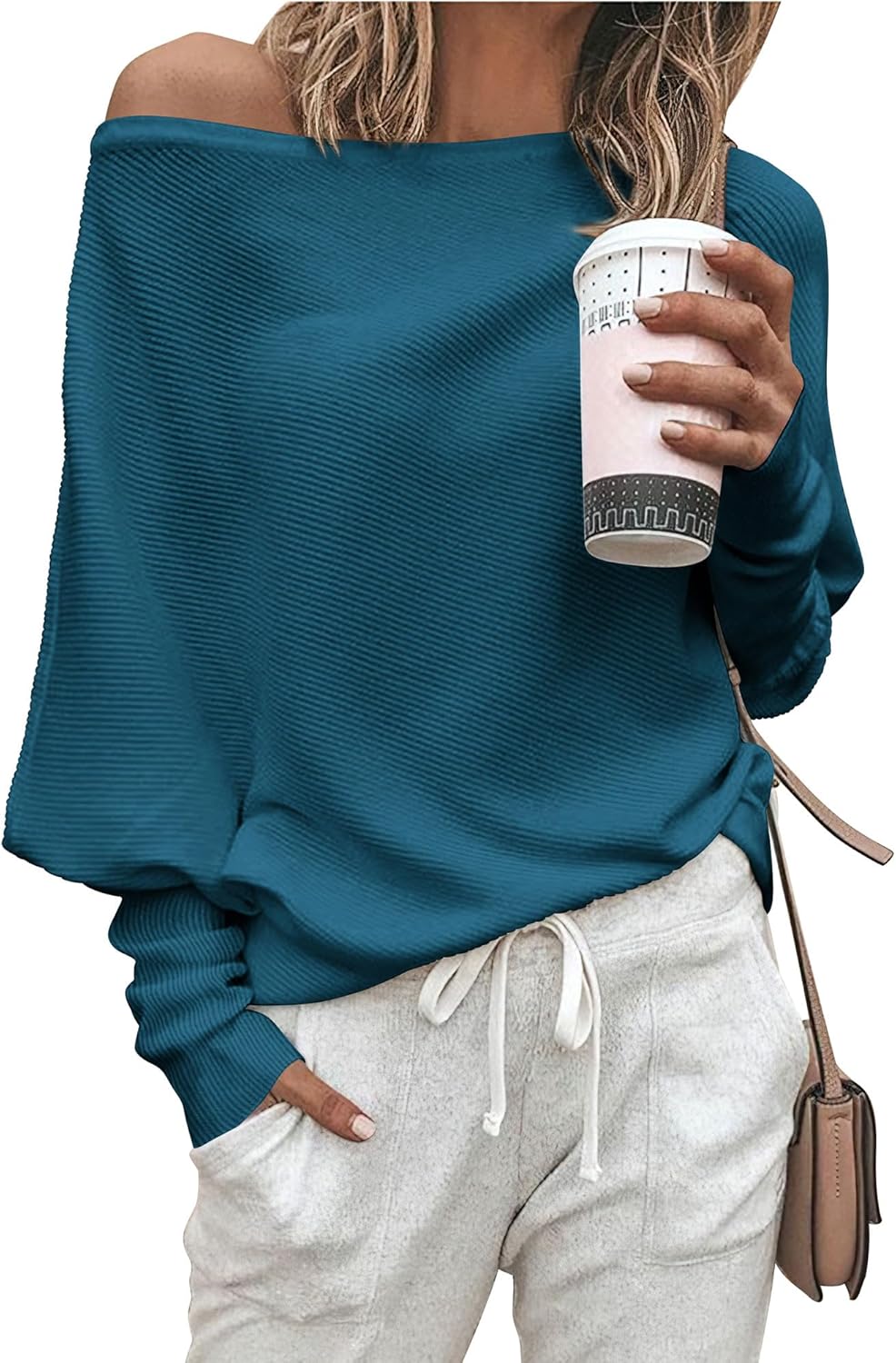Zenlonr Women's Fall Sweaters 2025 Casual Long Batwing Sleeve Loose Off Shoulder Knit Pullovers Jumper Tops