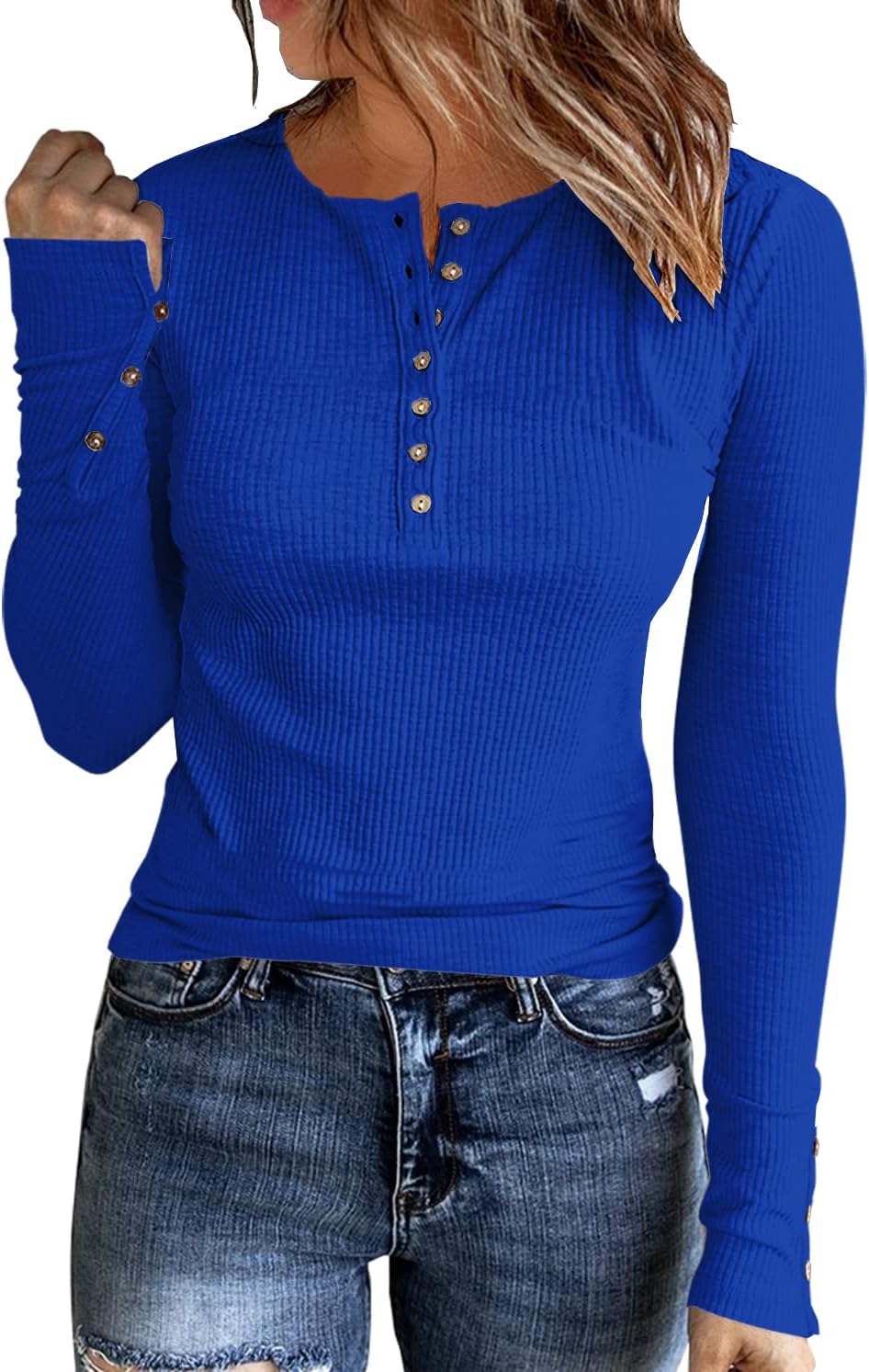 Womens Long Sleeves Ribbed Knit Tunic Shirts Scoop Neck Button Down Tops Casual Henley Tee Shirt Slim Fit Blouses